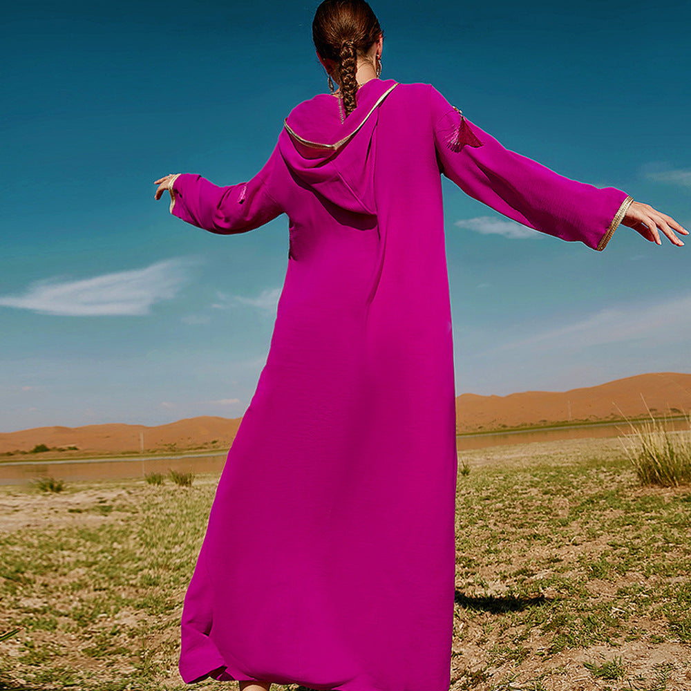 Women's Rose Red Hooded Middle East Moroccan Dubai Style Dress