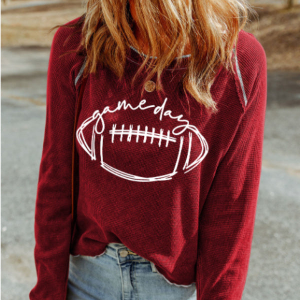 Red Match Day Rugby Football Graphic Thermal Knitting Top