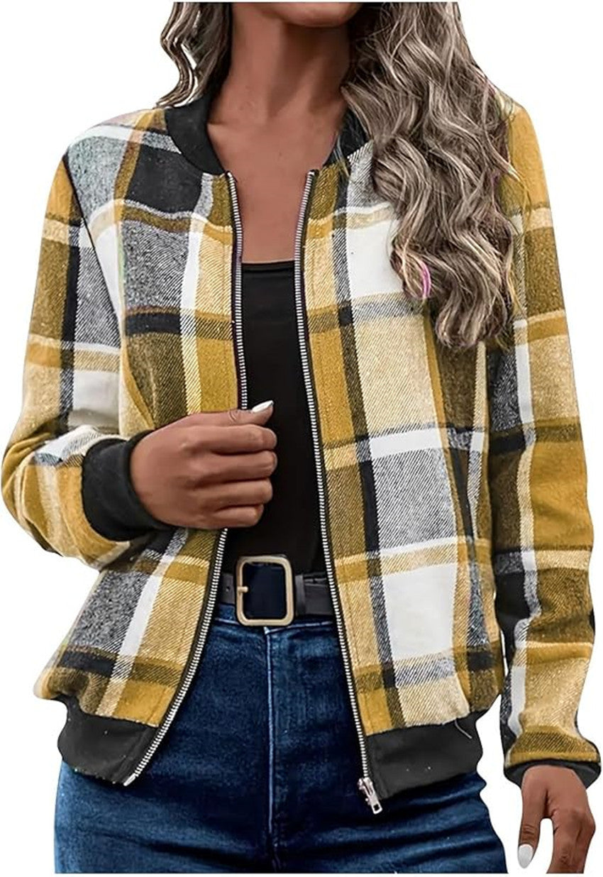 Temperament Commute Women's Plaid Zipper Baseball Uniform