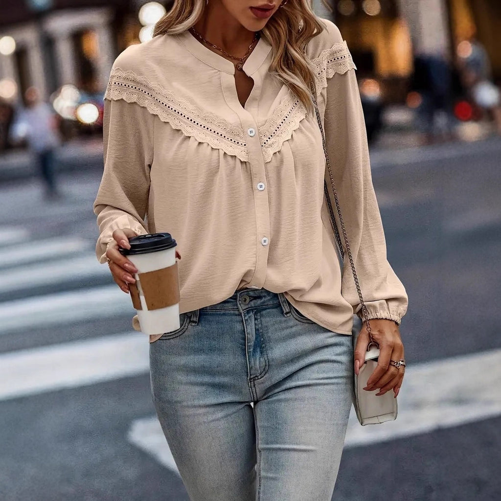 Commuter Lace Patchwork Ruffled Shirt Shirt Long Sleeve