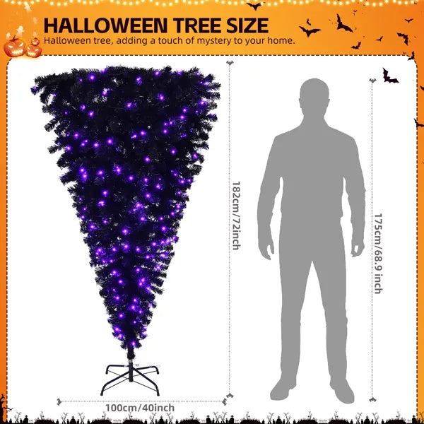 6 FT Pre-lit Upside Down Artificial Christmas Tree, Black Halloween Tree With 250 Purple Lights And Pumpkin & Skull Ornaments