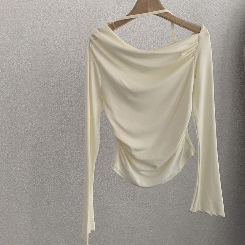 Shoulder Collar Solid Color Slim Fit Slimming Long Sleeves Inner Bottoming T-shirt