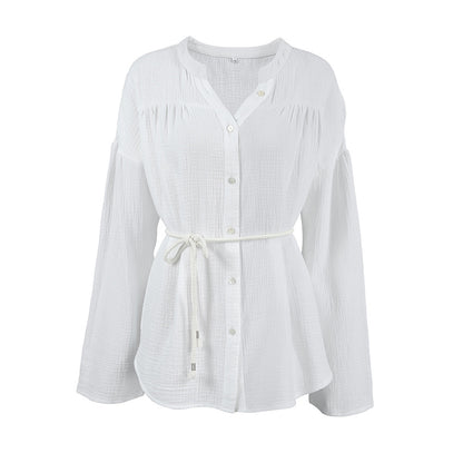White Cotton Bubble Crepe Belt Small Stand Collar Shirt