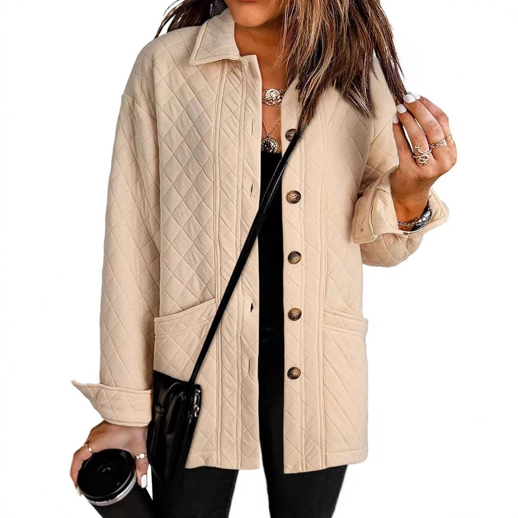 Women's Casual Quilted Jacket Button Long Sleeve Shirt With Pocket Coat