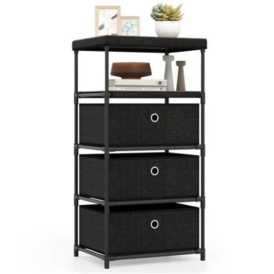 3-Drawer Fabric Storage Cabinet - Removable Foldable Drawers, Industrial Wood Top, Metal Frame With Anti-Tipping Kits