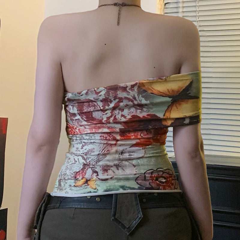 Fashion Sexy Slim Retro Floral Contrast Color Off-neck Short Sleeve T-shirt