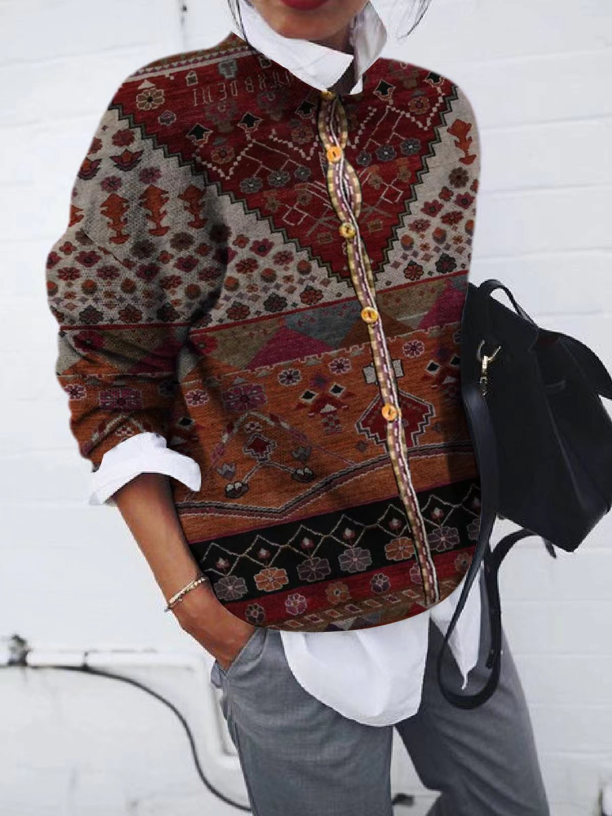 Fashionable Brushed Geometric Print Cardigan Long-sleeved Jacket