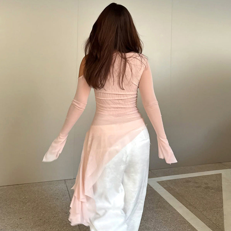 Women's Solid Color Diagonal Collar Beveled Hem Long Sleeve Top