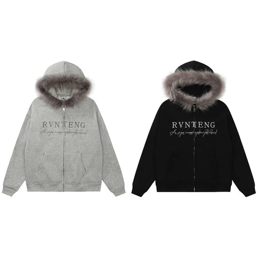 American Retro Alphabet Embroidery Fur Collar Hood Brushed Hoody
