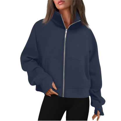 Long Zipper Short Stand Collar Thumb Hole Brushed Hoody