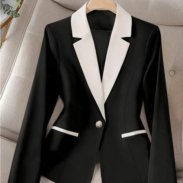 Women's Black And White Contrast Lapel Single Button Suit Top