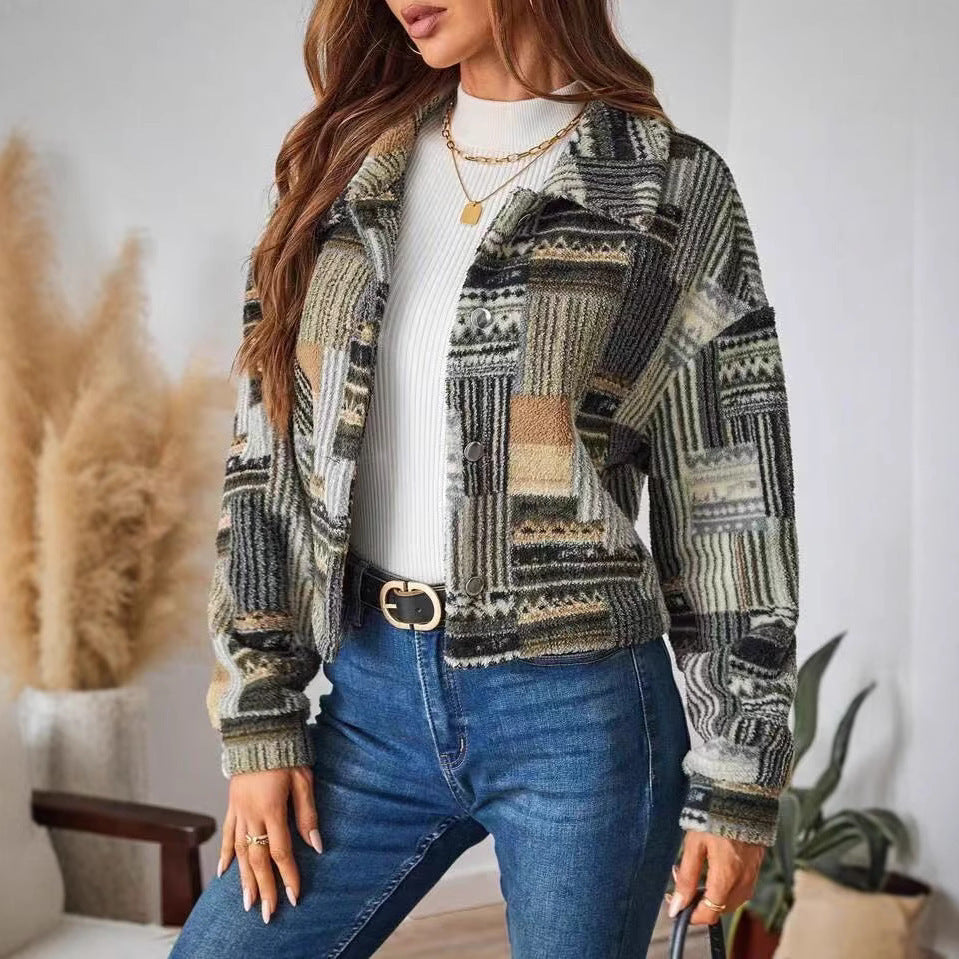 Printed Double-sided Plush Button Cardigan Casual Women's Plush Coat