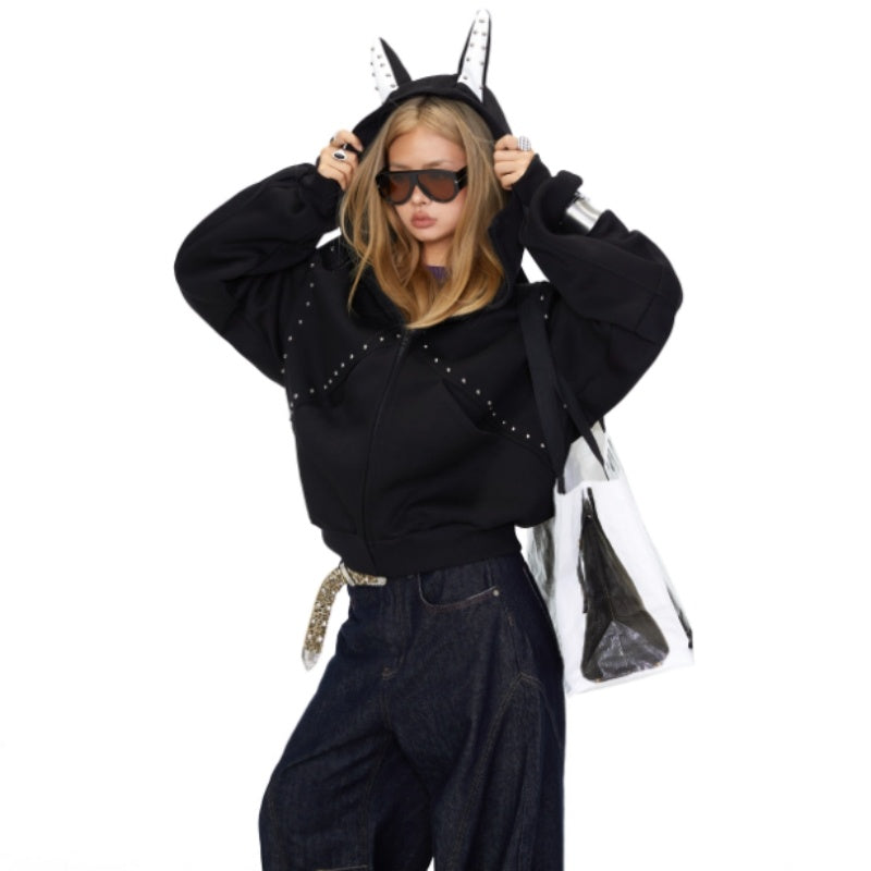 Stitching Rivet Dog Ear Hooded Loose Couple Coat