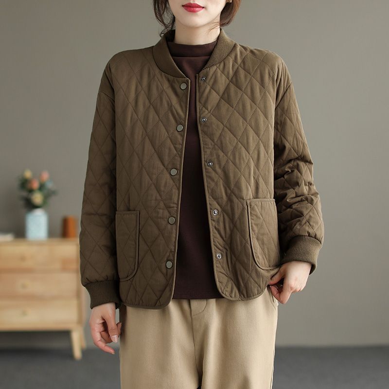 Baseball Collar Diamond Quilted Cotton Coat Loose Casual Cotton Jacket Tops For Women