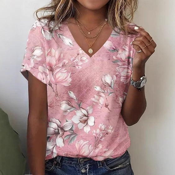 Printed Fashion New Floral V-neck Short-sleeved T-shirt