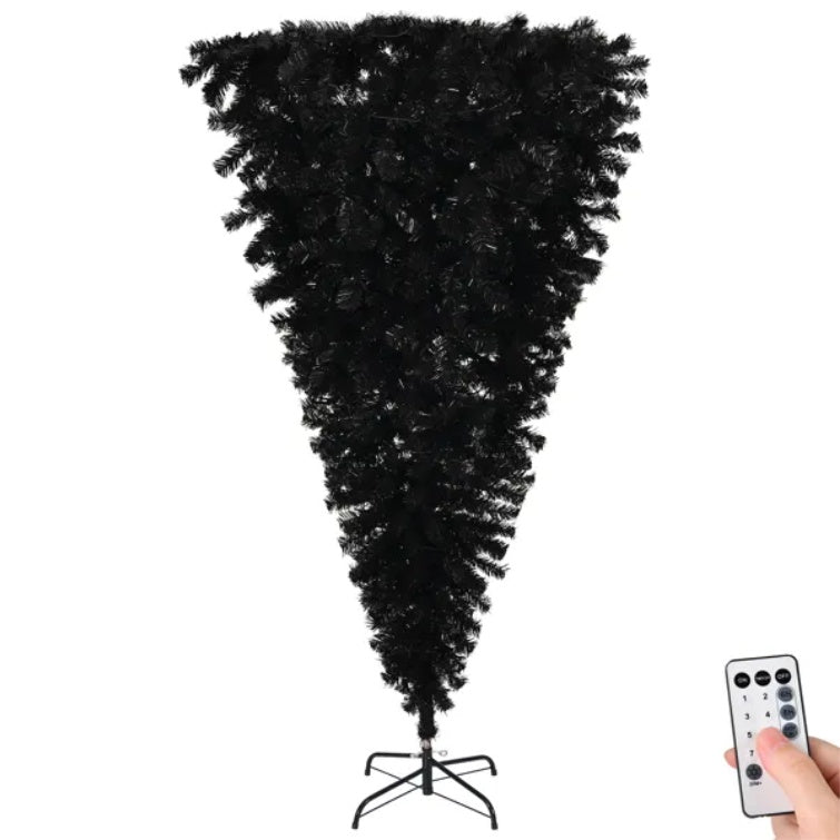 6 FT Pre-lit Upside Down Artificial Christmas Tree, Black Halloween Tree With 250 Purple Lights And Pumpkin & Skull Ornaments