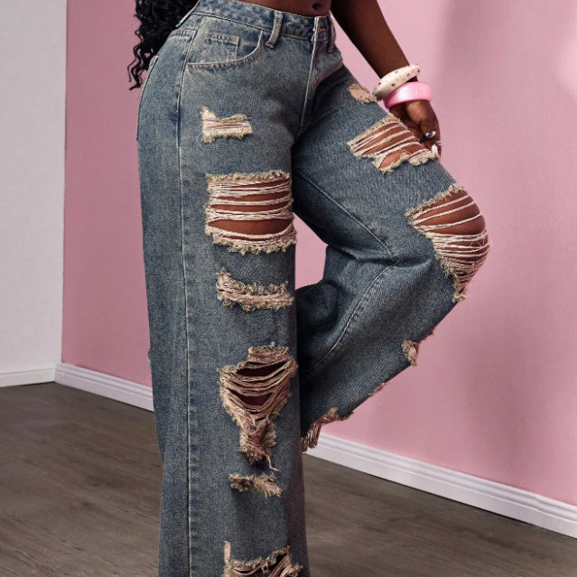 Women's Retro Distressed Kimchi Wide-leg Jeans