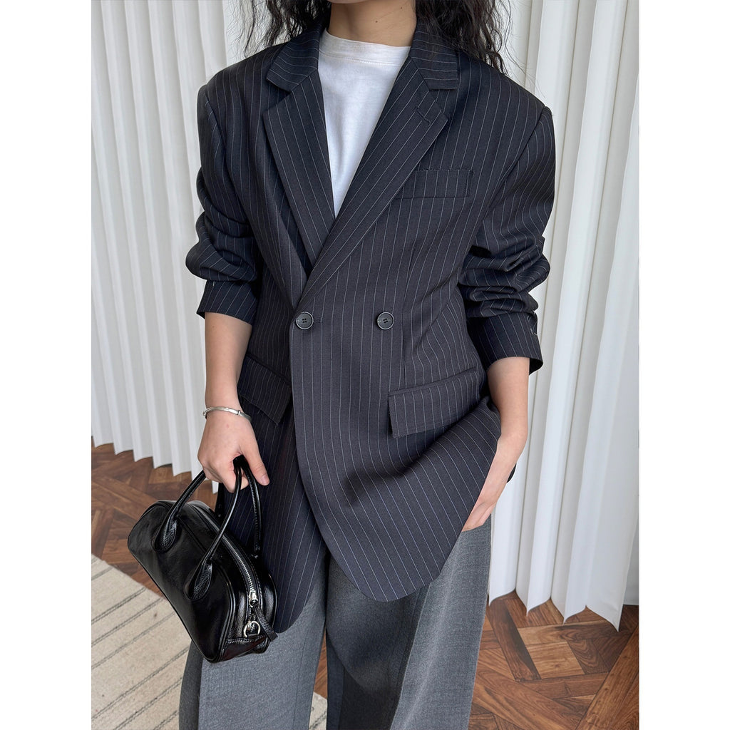 Design Lapel Wide Shoulder Striped Suit Casual Temperament Slimming Coat