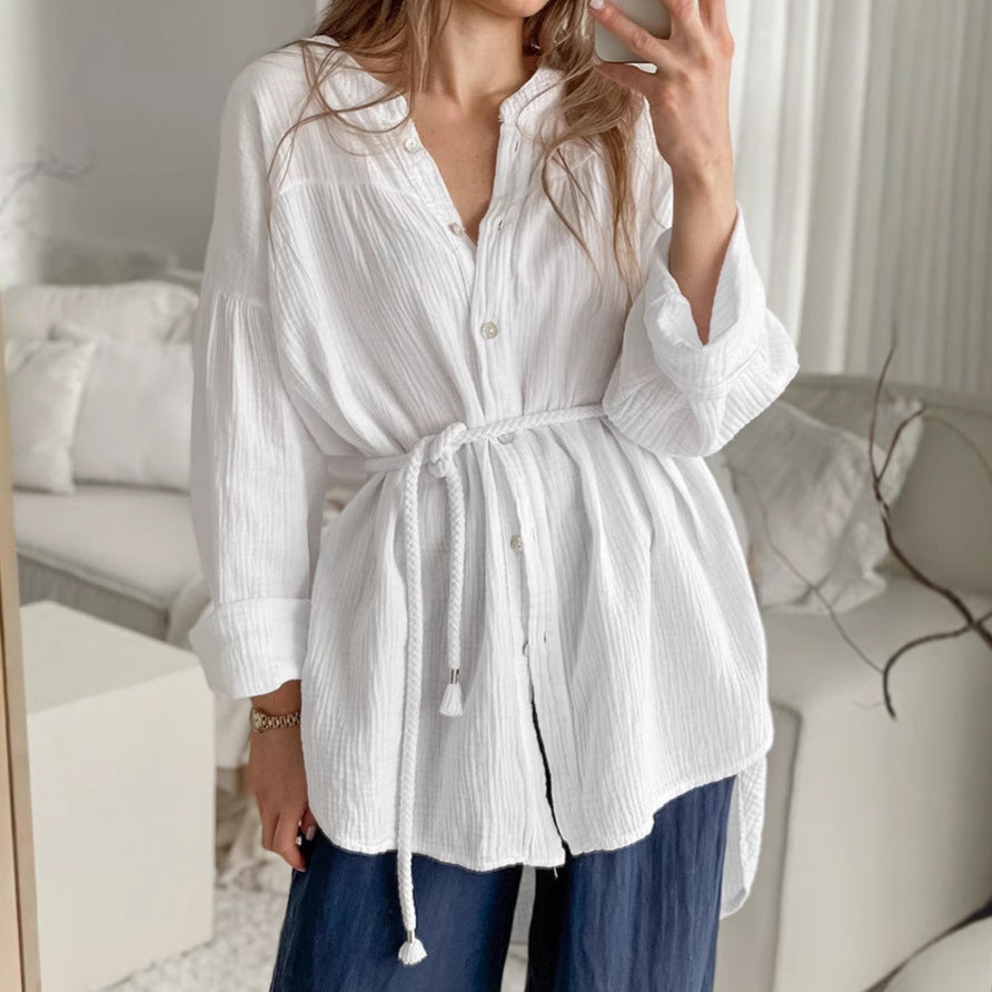 White Cotton Bubble Crepe Belt Small Stand Collar Shirt