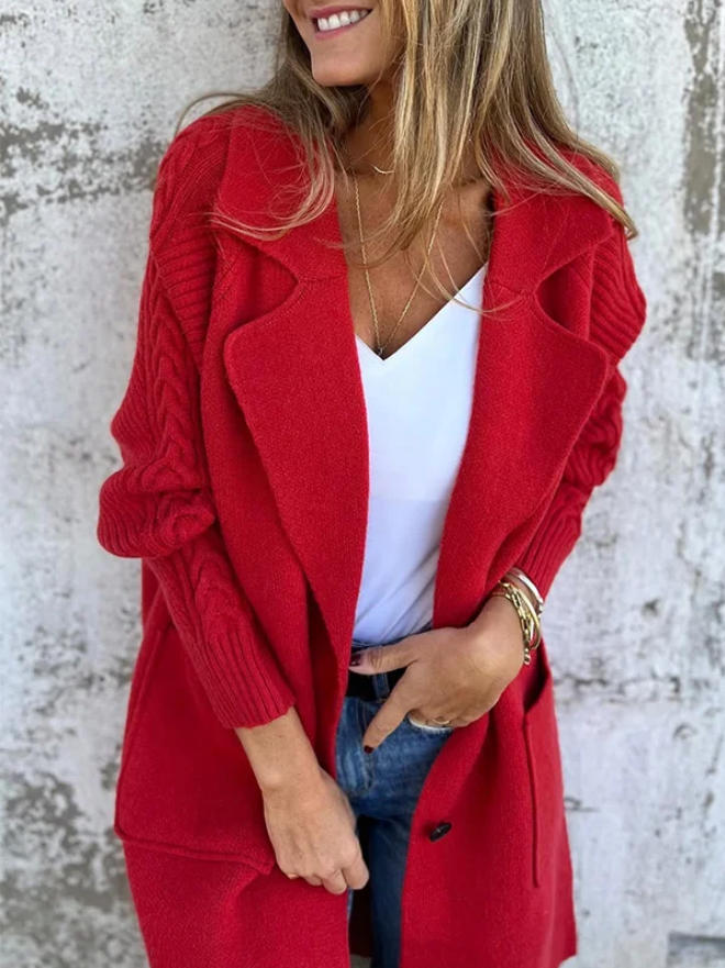 Women's Twist Knit Stitching Lapel Large Coat
