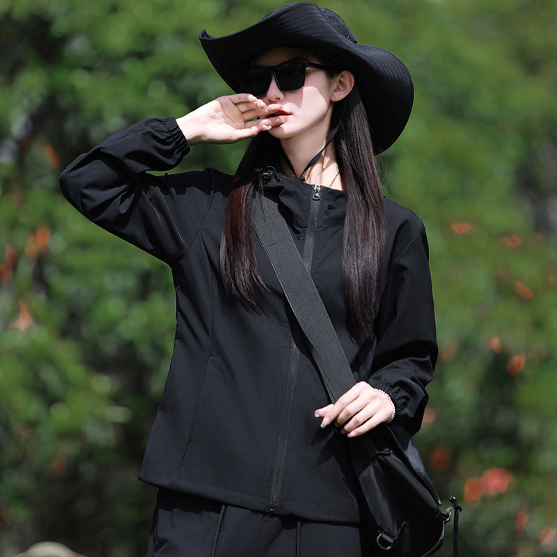 Women's New Style All-match Solid Color Hooded Jacket Mountaineering Coat Breathable Sports Jacket