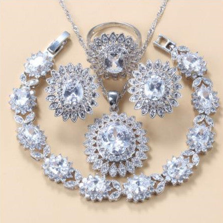 Garnet Cubic Zirconia Earrings Pendant Necklace Bracelet Ring Gift 4 PCs Set
