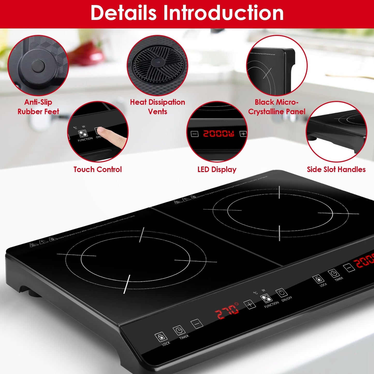 1Pc 4000W Induction Cooktop Portable Double Induction Cooker Electric Dual Burner Stove Countertop Hot Plate With 9 Power 9 Temperature 3H Timer