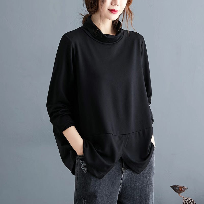 Retro Casual Patchwork Loose Long-sleeved T-shirt Turtleneck Bottoming Shirt