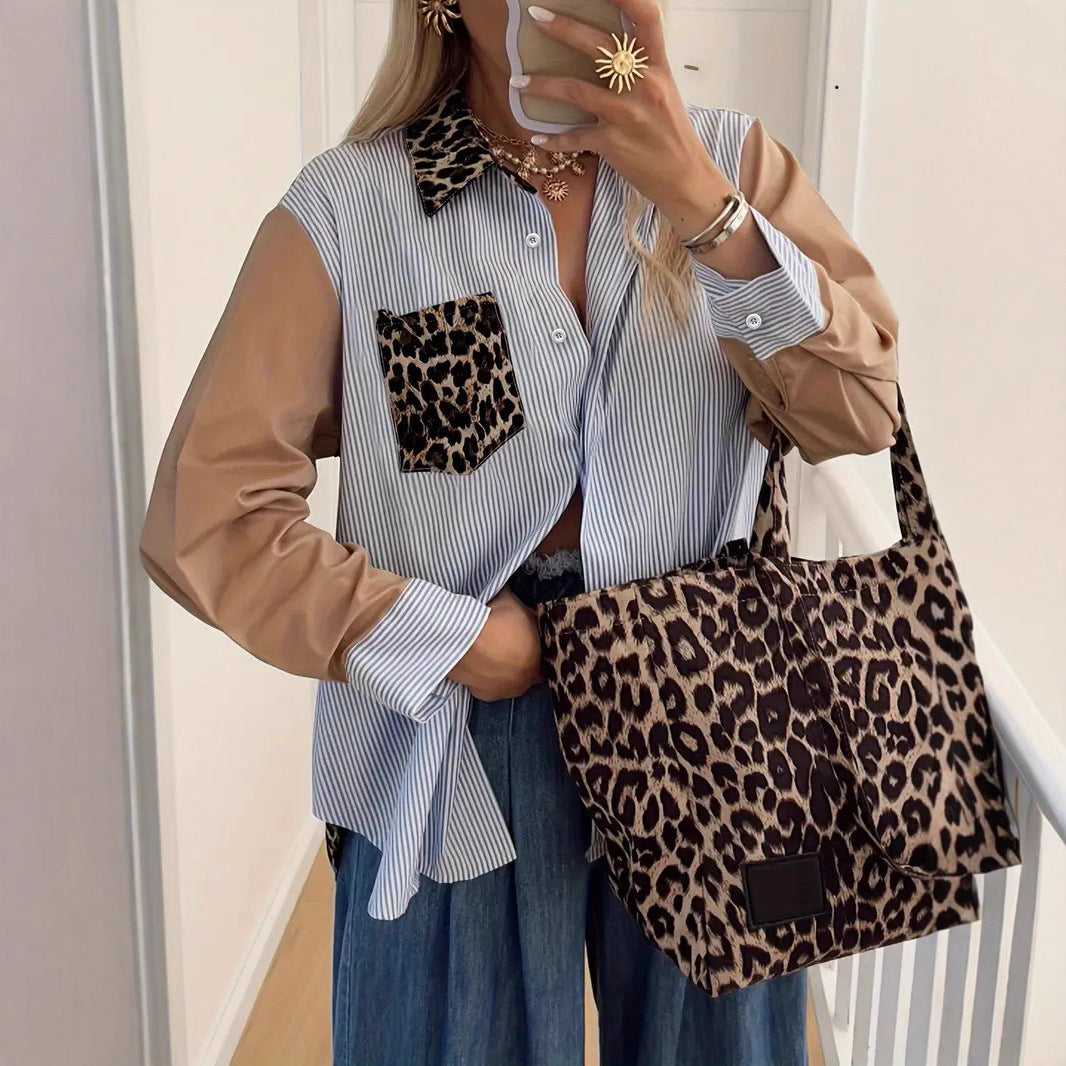 Women's Loose Leopard Print Patchwork Stripes Shirt