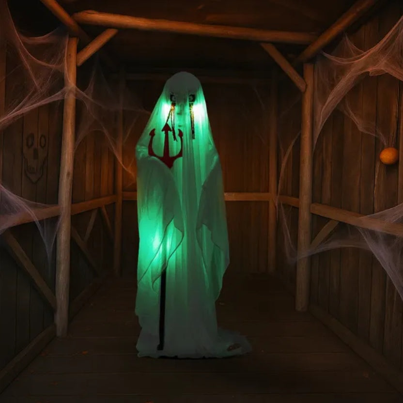 4.3ft Halloween Decorations Outdoor Life Size Animatronics Ghost With Trident, Sound-Actived Party Decor With Green Lights And Creepy Sound, Scary Haunted House Props For Garden Yard Lawn