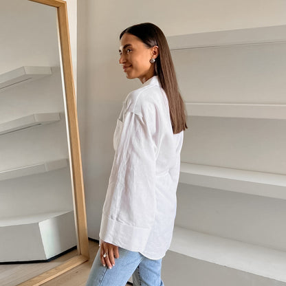 Women's Simple White Cotton And Linen Loose Lapels Shirt