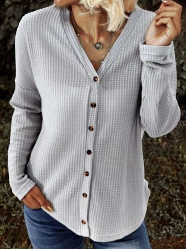 Women's Casual Loose Retro Long-sleeved Button Cardigan V-neck Solid Color Hollow Pattern Jacket
