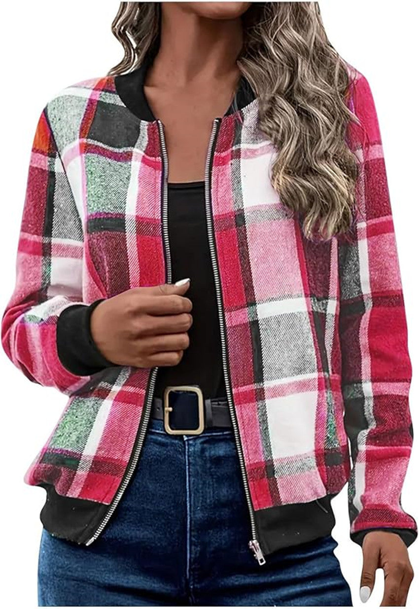 Temperament Commute Women's Plaid Zipper Baseball Uniform