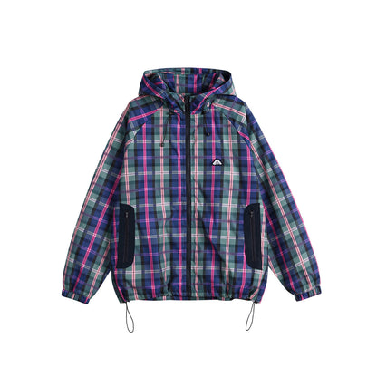 Unisex Style Casual Plaid Hooded Oversize Jacket