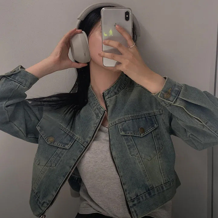 Stand Collar Double Pocket Design Loose All-matching Short Long Sleeve Denim Coat