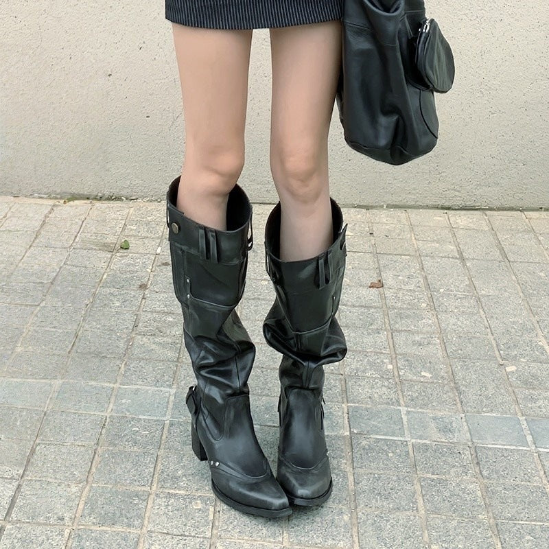 Pointed Toe Chunky Heel Slimming Pile Style Boots