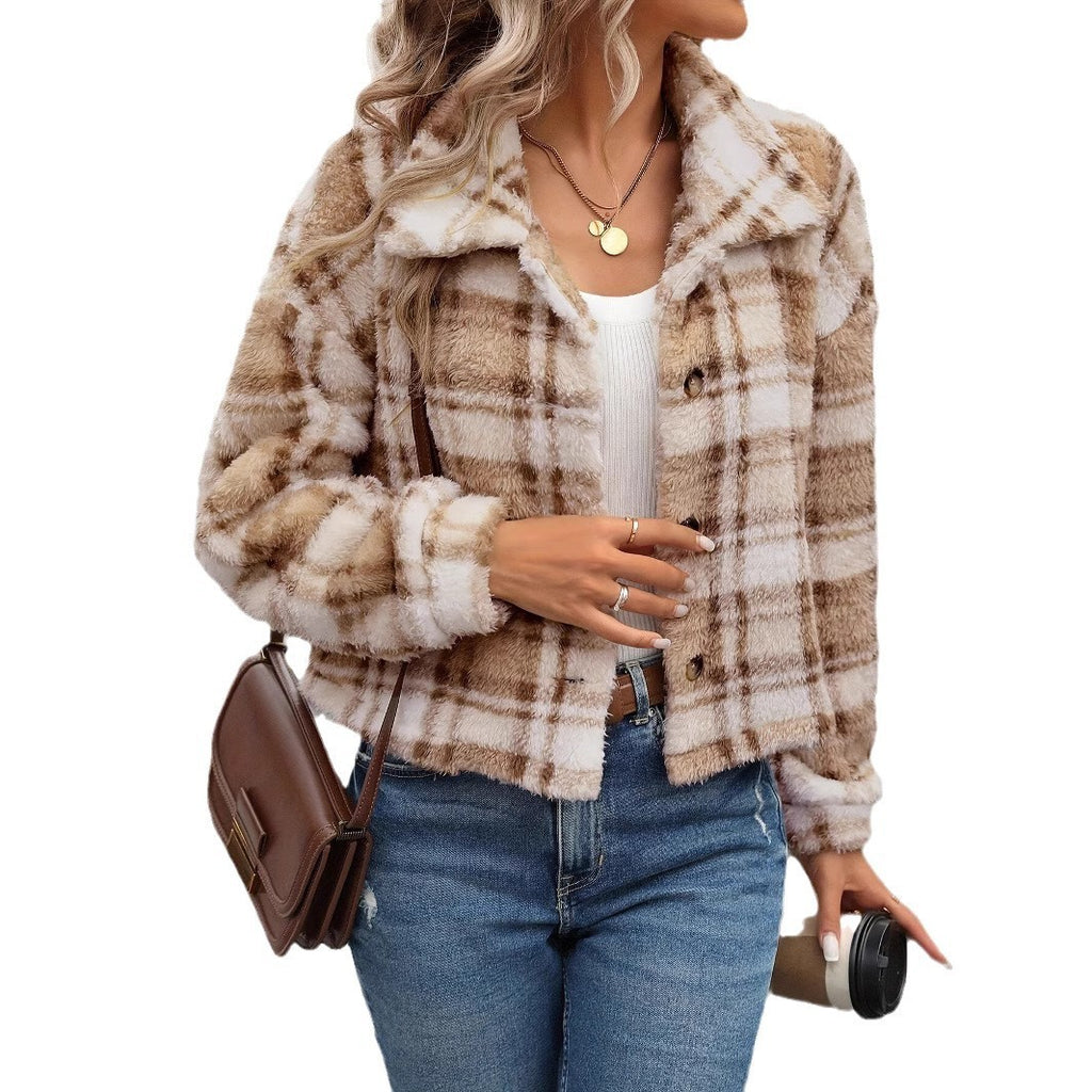 European And American Double-sided Plush Plaid Button Cardigan Casual Coat For Women
