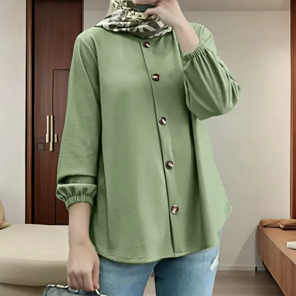 New Round Neck Long Sleeve Cuff Blouse