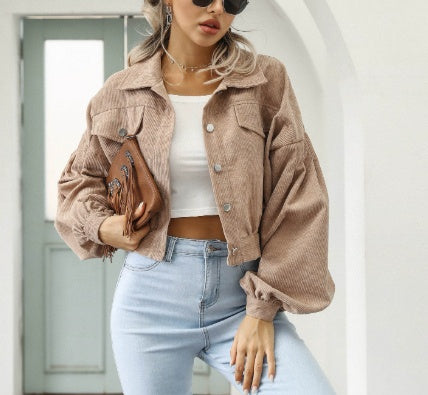 Casual Lapel Corduroy Jacket With Lantern Sleeves And Single-breasted Women's Short Coat