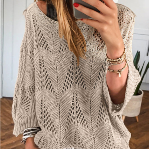 Female Leisure Hollow Out Parchment Hollow Sleeve Casual Sweater