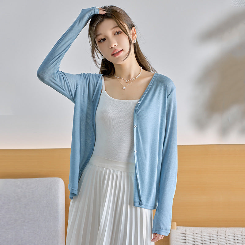 Lyocell Tencel Sun Protection Cardigan Thin Women's Ice Silk Knitted Coat