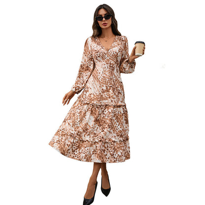Deep V-neck Animal Print Dress Women