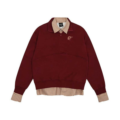 American High Street Embroidery Plaid Stitching Fake Two Pieces Brushed Hoody