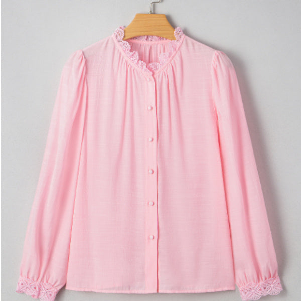 Lace Patchwork Edge Collarless Button Shirt
