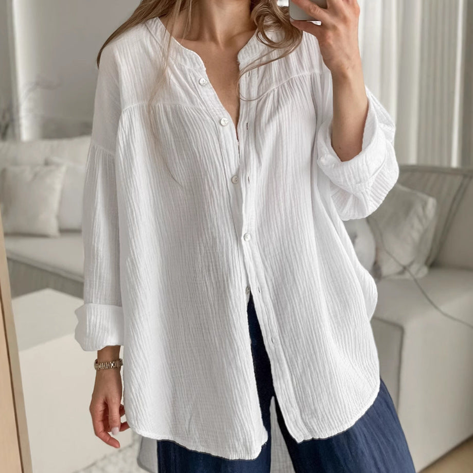 White Cotton Bubble Crepe Belt Small Stand Collar Shirt