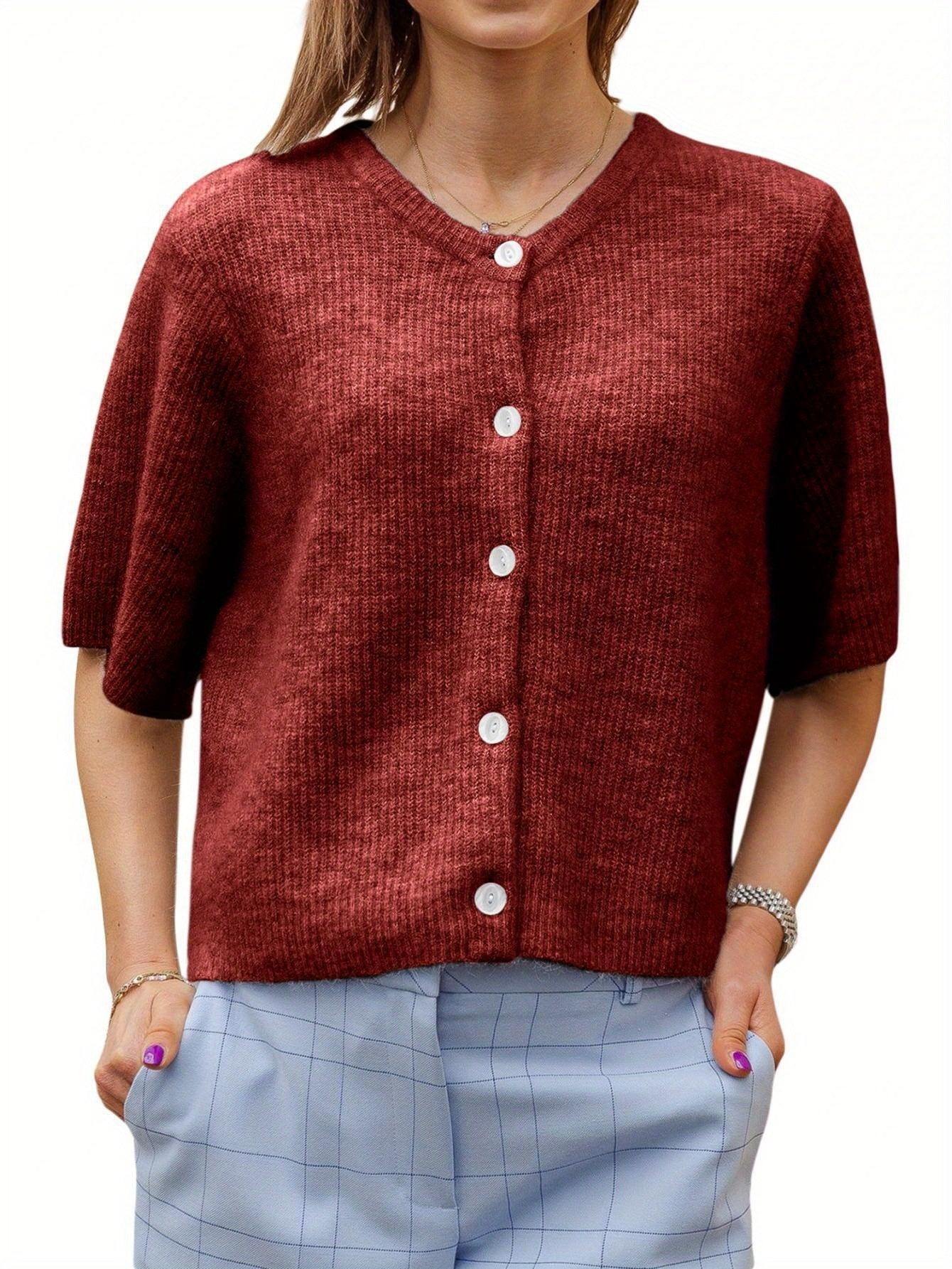 Women's Solid Color Short-sleeved Cardigan Round Neck Button