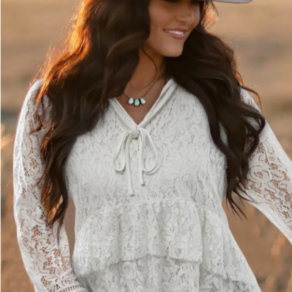 White Tie Lace Ruffled Detail Long Sleeve Shirt
