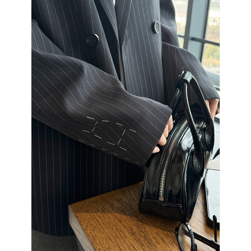 Design Lapel Wide Shoulder Striped Suit Casual Temperament Slimming Coat