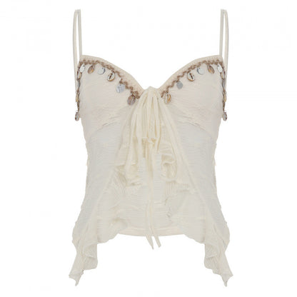Low Collar Chest-flattering Lace-up Irregular Mesh Sexy See-through Vest