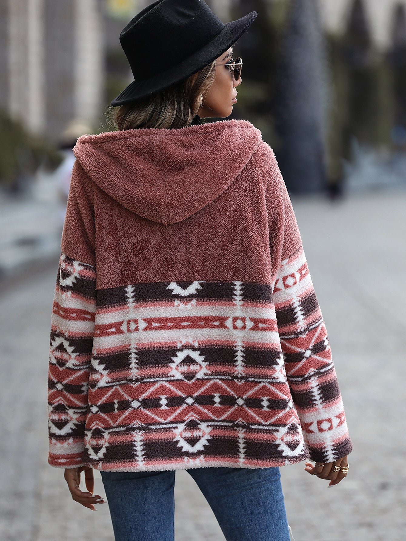 New Casual Women's Hooded Long-sleeve Geometric Horn Button Jacket